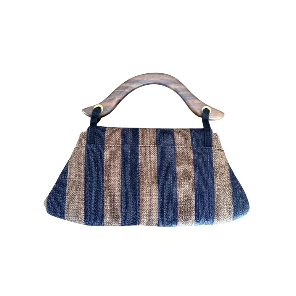Woven Straw Striped Handbag Black Brown Wood Top Handle Bag purse vintage style